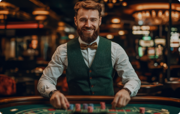 A smiling casino dealer in a green vest standing behind a roulette table, surrounded by a luxurious casino setting.