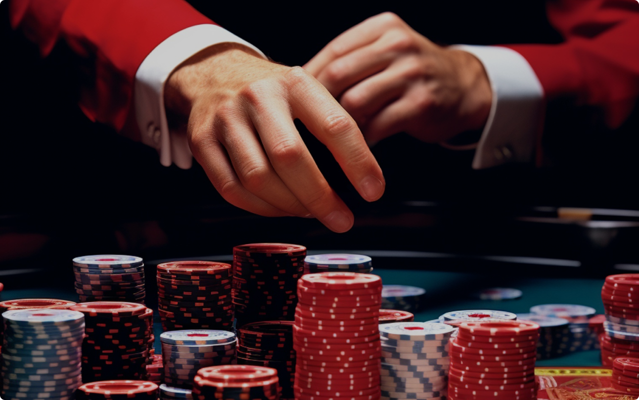 Close-up of a casino dealer's hands organizing poker chips on a gaming table, with neatly stacked chips of various colors in the foreground.